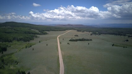 Drone shot of a road through Southern Utah forest
