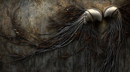 Abstract Dark Roots and Shells Art- AI Generated Surreal Nature Wall Art