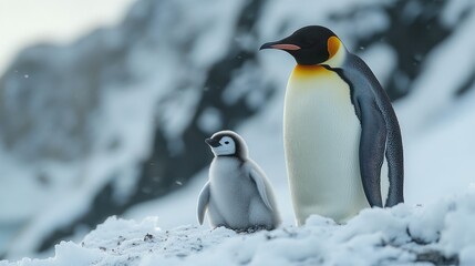 Fototapeta premium Two penguins adult and chick stand on snowy ground with blurred background.