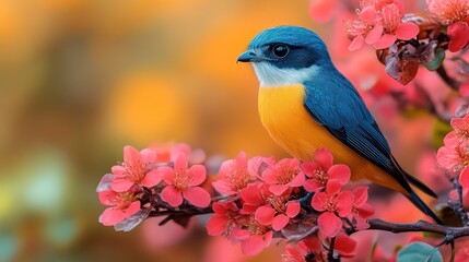 Small blue and orange bird perched on a branch with red flowers.