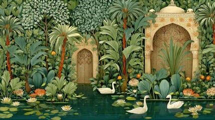 Indian Mughal art wallpaper design with garden exotic plants arches swans and serene lake