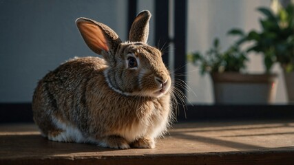Obraz premium Photorealistic image of a rabbit lying near balcony door