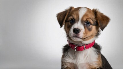 Photorealistic image of a puppy with bright collar on white background