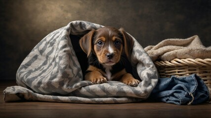 Photorealistic image of a puppy lying behind laundry bag