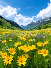 Fototapeta premium Mountain Wildflower Meadow Landscape - Vibrant wildflowers bloom in a lush alpine meadow, nestled between majestic mountains under a bright blue sky