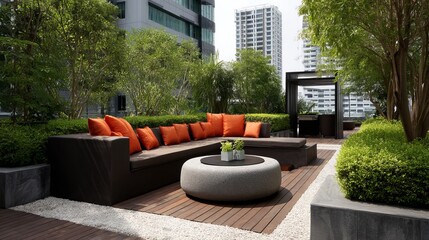 Modern sofa and outdoor furniture set on rooftop garden for cozy summer living