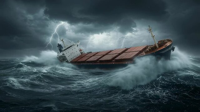 Bulk carrier cargo ship in heavy storm waves with lightning. Danger at sea and ship sinking concept video illustration footage. Vessel emergency animation.