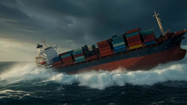 Large cargo ship crashing through massive waves during a violent ocean storm. Freighter struggling against turbulent sea, demonstrating maritime danger concept video clip.