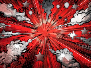 Red Comic Explosion Background with Stars and Clouds