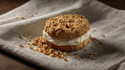 Photorealistic image of a biscuit crumbs on napkin
