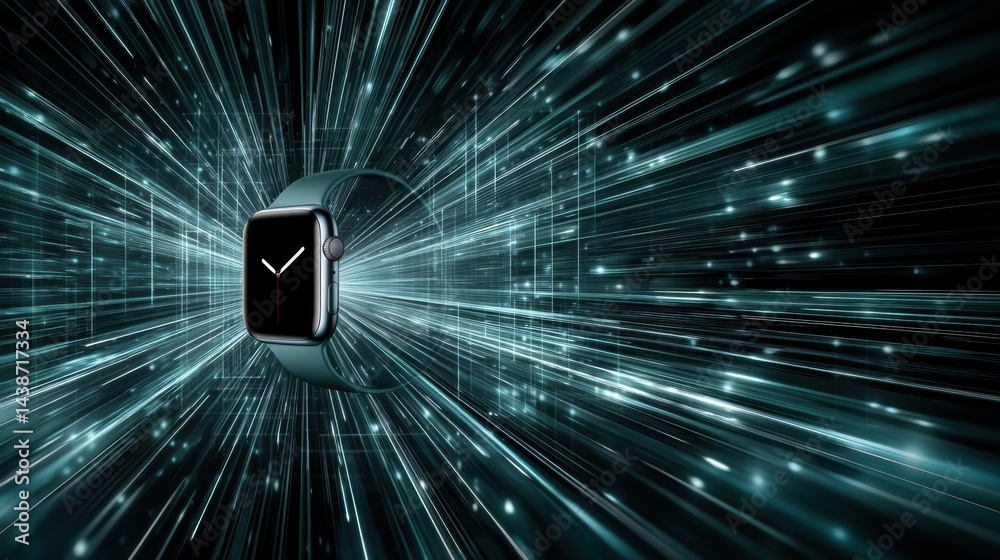 Aufkleber Smartwatch Levitating in a Dynamic Abstract Data Tunnel With Glowing Lines and Vibrant Patterns