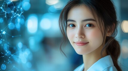 Woman smiles with digital network overlayed on a blue background.