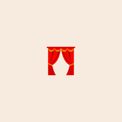 Colorful theater stage red curtains icon flat vector design.