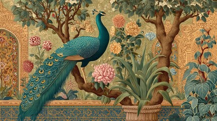 Mughal garden wallpaper with peacock lush green plants serene natural outdoor view