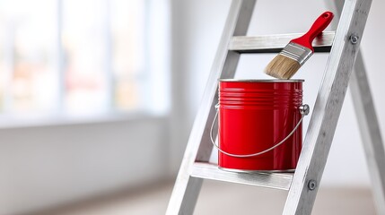 Paint Bucket and Brush on Ladder - Red paint bucket with brush resting on a step ladder, ready for painting project. Home improvement, DIY concept