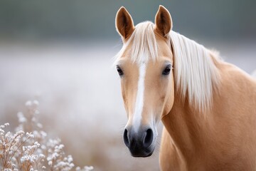 Obraz premium Palomino Horse in Soft Golden Light - A serene palomino horse stands in a field, bathed in soft golden light. It symbolizes grace, freedom, beauty, nature, and tranquility