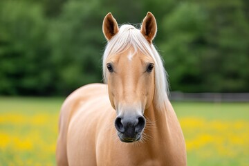 Fototapeta premium Palomino Horse in Soft Golden Light - Majestic palomino horse in a field, symbolizing grace, freedom, beauty, nature, and tranquility
