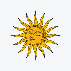 Smiling Sun with Moon Element in Retro Style