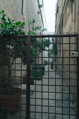 Narrow street in the old town of Syracuse in Sicily, Italy in a beautiful summer day. Travel and sightseeing journey concept.  Metal fence in foreground