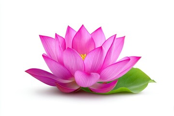 Pink Lotus Flower Isolated on White - A single pink lotus flower with a green leaf, symbolizing purity, enlightenment, rebirth, peace, and serenity. Beautiful, serene