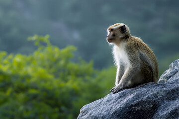 Obraz premium A monkey sitting calmly on a rock, looking into the distance, with a gentle breeze moving its fur, the jungle in the background.