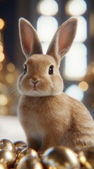 Cute, light brown bunny sitting amidst golden eggs