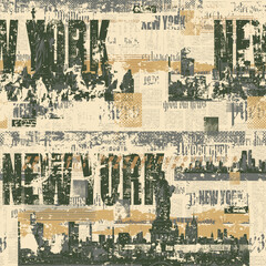 Abstract seamless pattern on urban theme with Statue of Liberty in New York with city architecture and newspaper clippings background in grunge style. Wallpaper, fabric, t-shirt design. No AI used