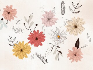 Whimsical Floral Illustration: Pastel Blooms and Delicate Foliage