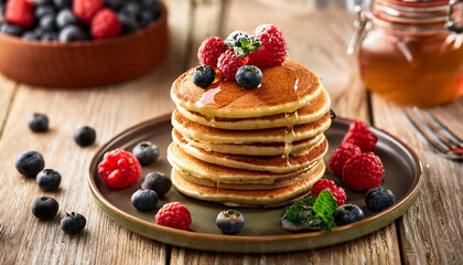delicious stack of pancakes topped with berries in a rustic dining setting