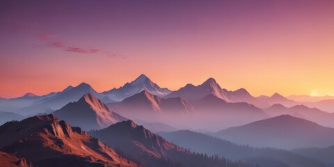 Fototapeta premium Vibrant gradient sky over misty mountain range, sunset colors , sunset, fog, majestic