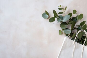 Light beige background, eucalyptus leaves, simple gift bag