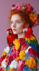 Fototapeta premium Floral Fashion Portraits with Colorful Parrots and Red Hair Models