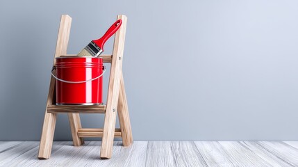 Red Paint Can and Brush on Wooden Ladder - A red paint can with a brush rests on a small wooden step ladder against a light gray background. Ready for home improvement projects