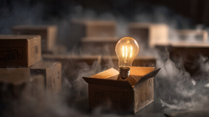 Illuminated lightbulb inside cardboard box surrounded by others, smoky atmosphere, symbolizes innovative ideas and successful delivery, business concept