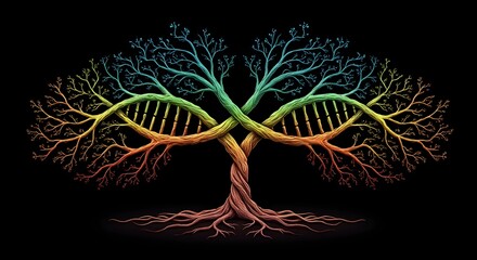 Fototapeta premium A colorful dna tree with roots and branches against a black background forming a double helix structure