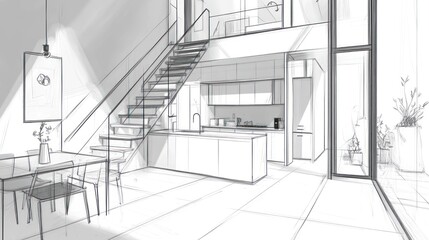 Interior sketch of open floor dining kitchen design in modern home with stair access