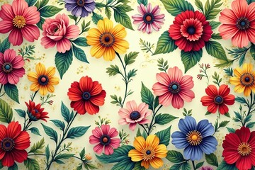 Bold vibrant floral chintz pattern on bright background , print, summery, tropical
