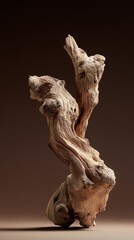 Fototapeta premium Twisted, knotted piece of wood against a dark brown background, rich in texture and detail.