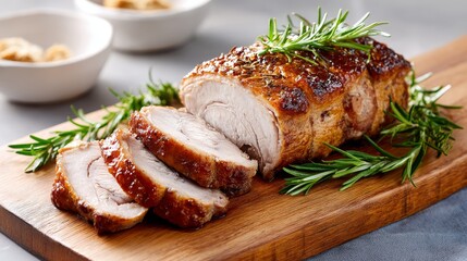 Roasted Pork Loin with Rosemary - Sliced roasted pork loin garnished with fresh rosemary, served on a wooden board. A delicious and visually appealing main course