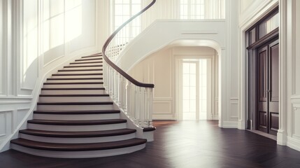 Elegant curved staircase in grand foyer, sunlight streaming through windows, hardwood floor