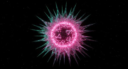 Obraz premium A glowing pink and teal spiky orb floating in the dark expanse of space filled with tiny stars