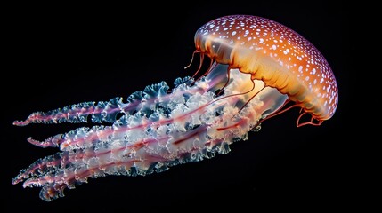 Jellyfish with long tentacles floats in dark water creating a surreal scene.
