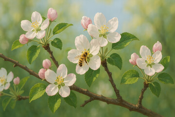 Obraz premium bee on flower of blooming apple tree twig