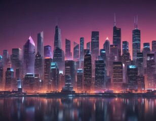 Fototapeta premium Vibrant geometric shapes & gradients overlaying city skyline at night, brochure, futuristic