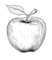 Detailed black and white drawing of an apple with leaf