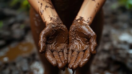 Hands covered in mud held out in front of a blurred background.