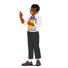 Positive smiling nerd boy child cartoon character in eyeglasses with book gesturing thumbsup