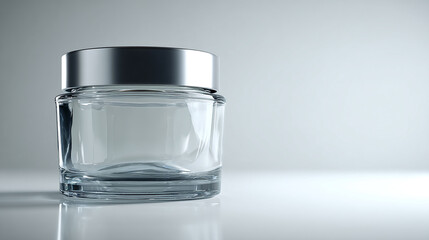 Clear glass jar with silver lid, showcasing a clean and simple design, ideal for product presentation or mockup