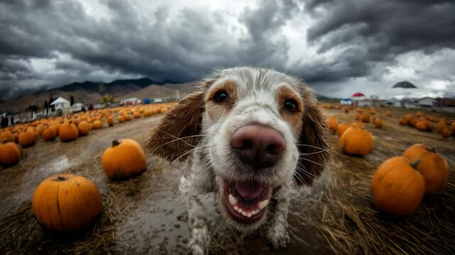 Happy dog exploring a pumpkin patch under a dramatic sky during autumn festivities