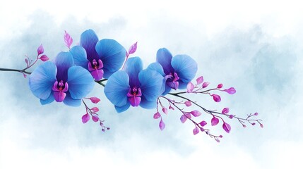 Serene Blue Orchids Watercolor - Delicate blue orchids on a branch, symbolizing serenity, purity, beauty, elegance, and tranquility. A soft watercolor wash background enhances the